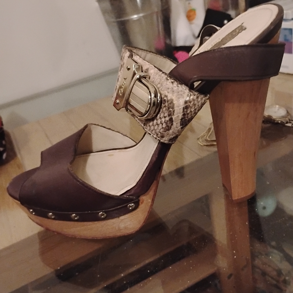 Coach Brown and Tan Mules with Stylish Wooden Heel